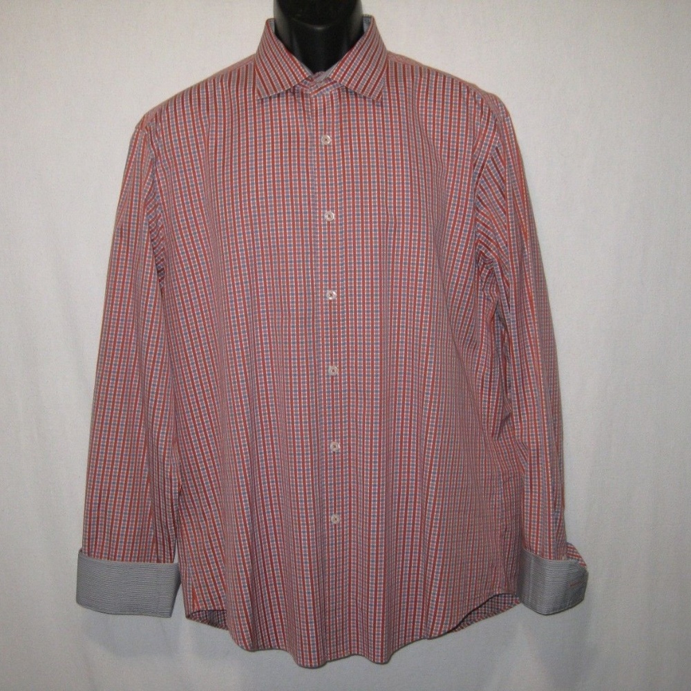 Bugatchi Uomo Shaped Fit Plaid Flip Cuff Shirt L